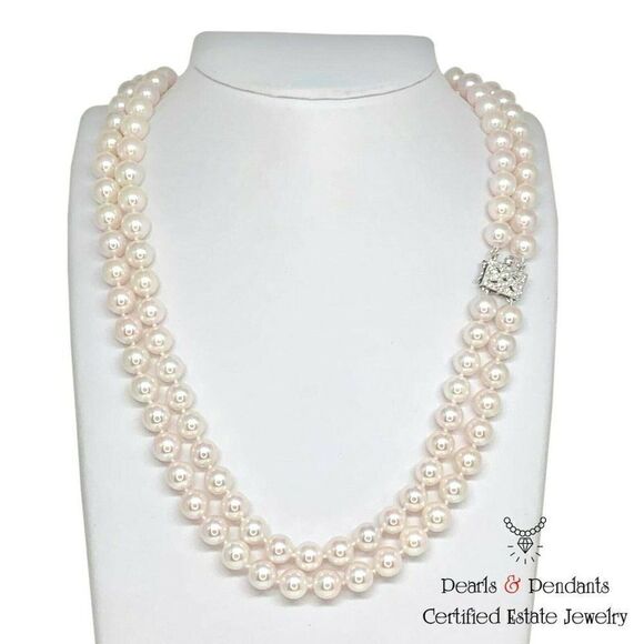 Diamond Akoya Pearl Necklace 8 mm 14k Gold 2-Strand Certified $9,750 010928 - Picture 1 of 8